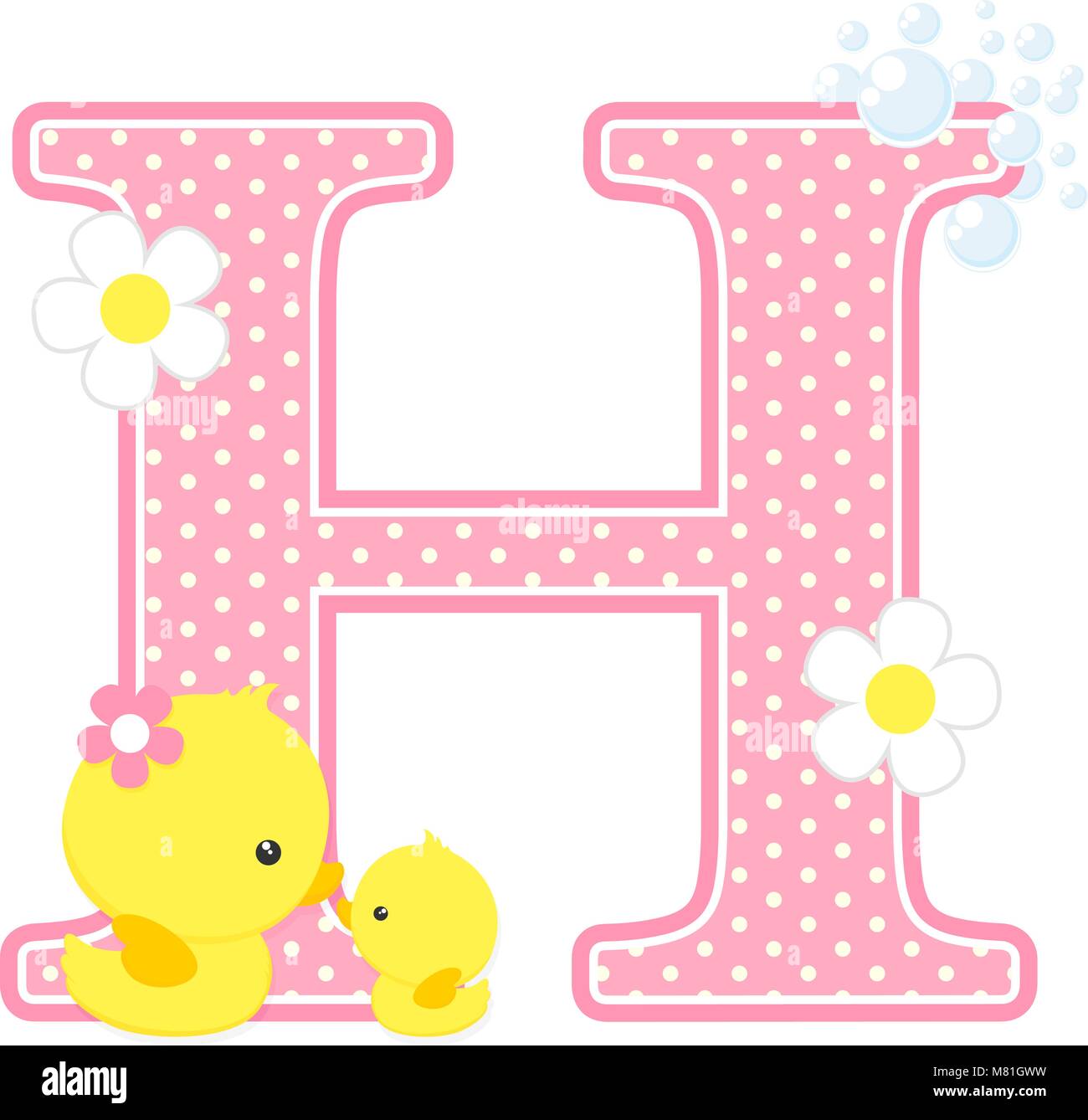 initial h with flowers and cute rubber duck isolated on white. can be used for baby girl birth announcements, nursery decoration, party theme or birth Stock Vector