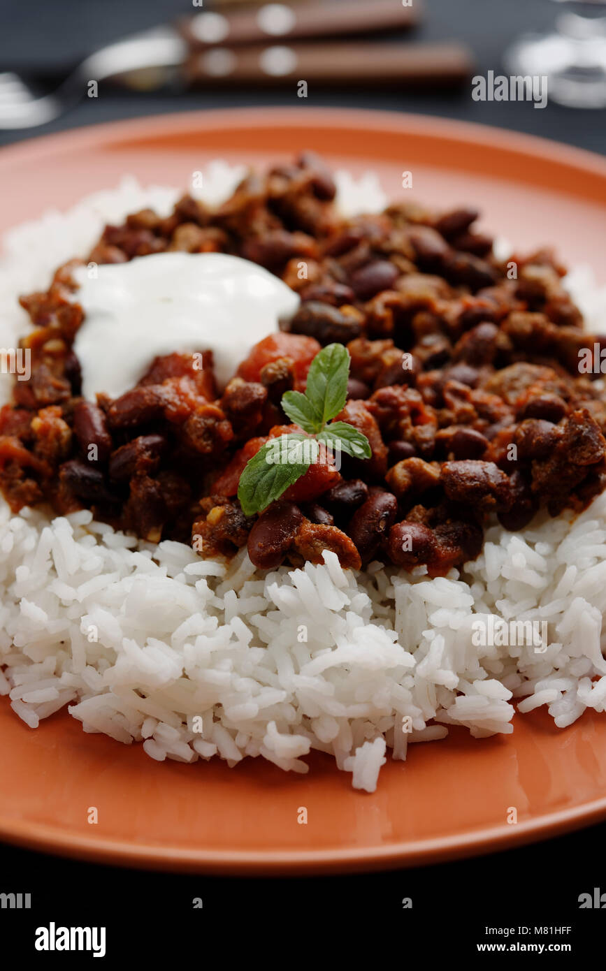 Chili con carne with Basmati rice Stock Photo - Alamy