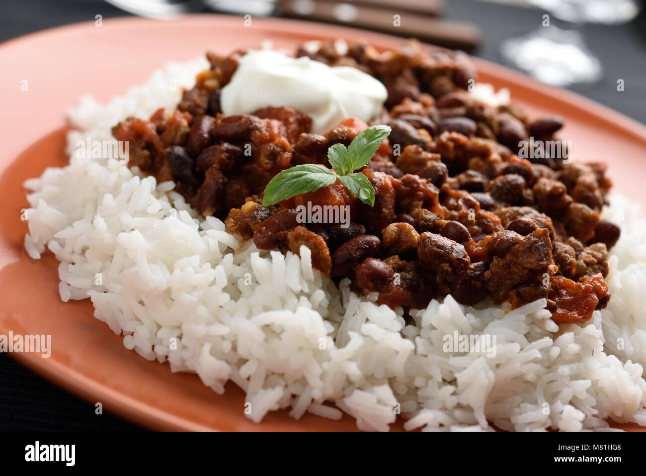 Chili con carne with Basmati rice Stock Photo - Alamy
