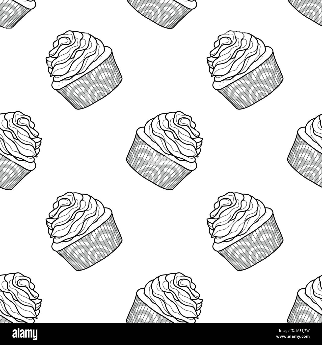 Cupcakes random on white background. Cute hand drawn seamless pattern of dessert in black outline style. Stock Vector