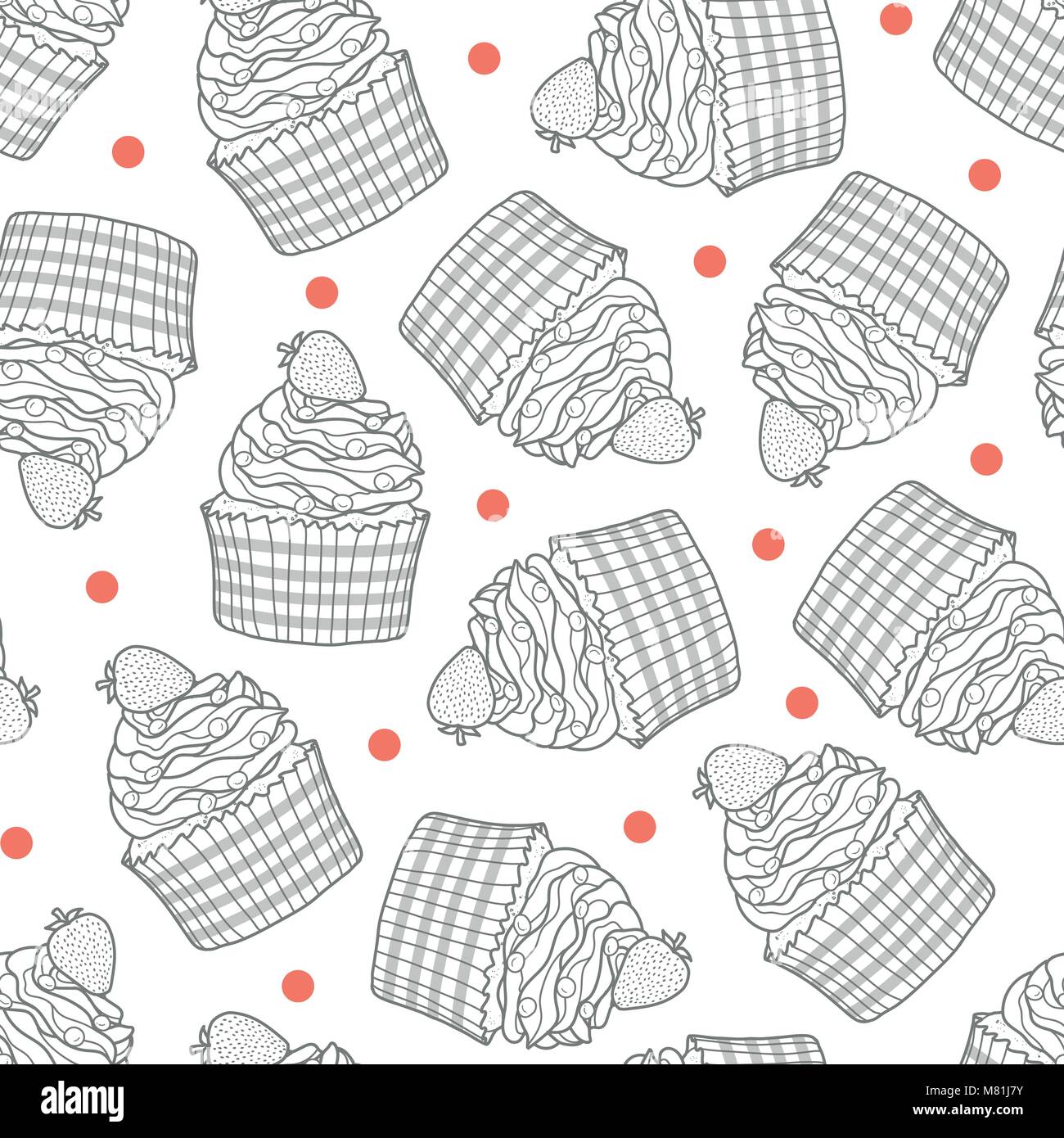 Cupcakes and red dots random on white background. Cute hand drawn seamless pattern of dessert in gray outline style. Stock Vector