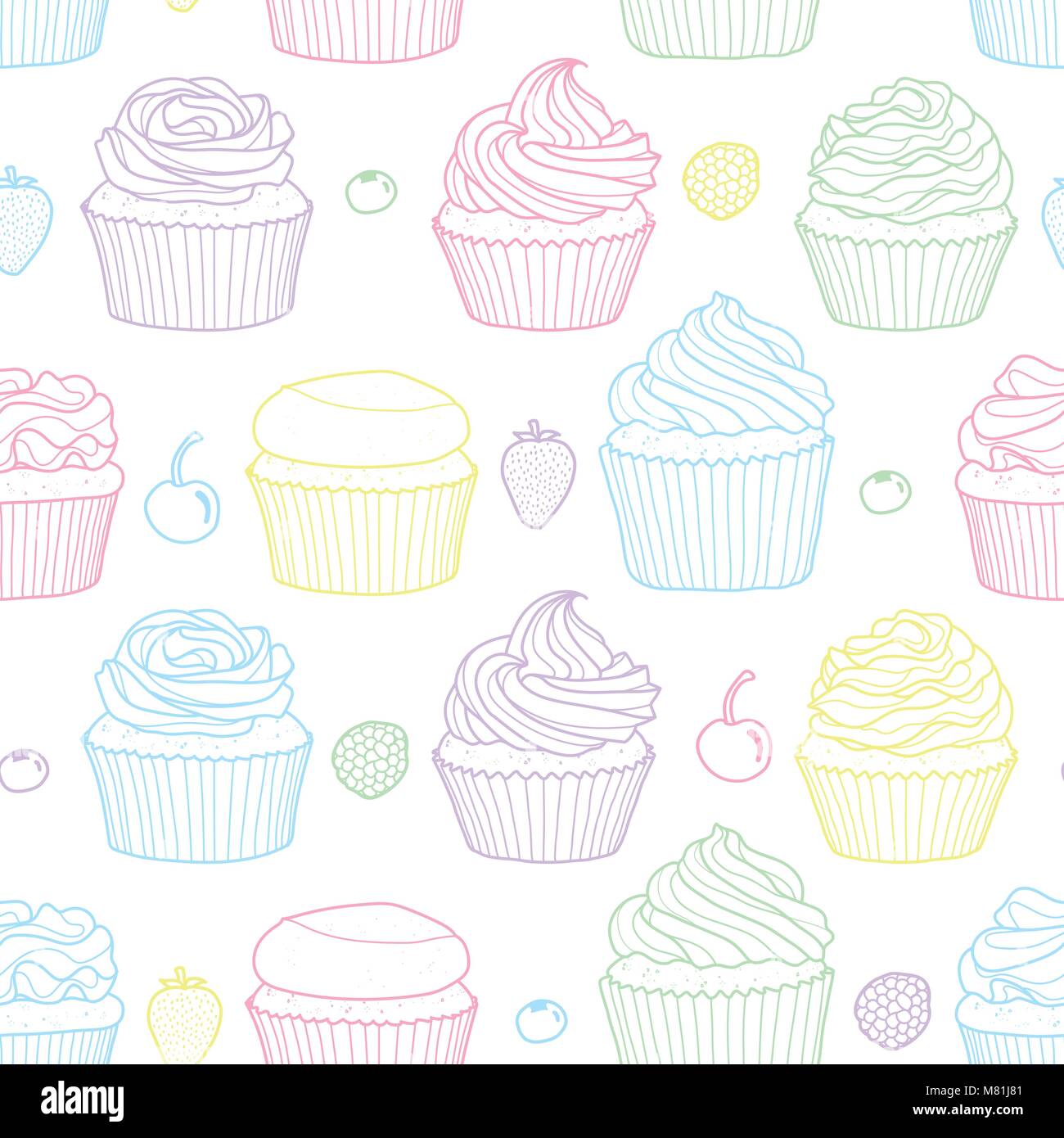 6 styles of cupcake and fruits random on white background. Cute hand drawn seamless pattern of dessert in colorful pastel outline. Stock Vector