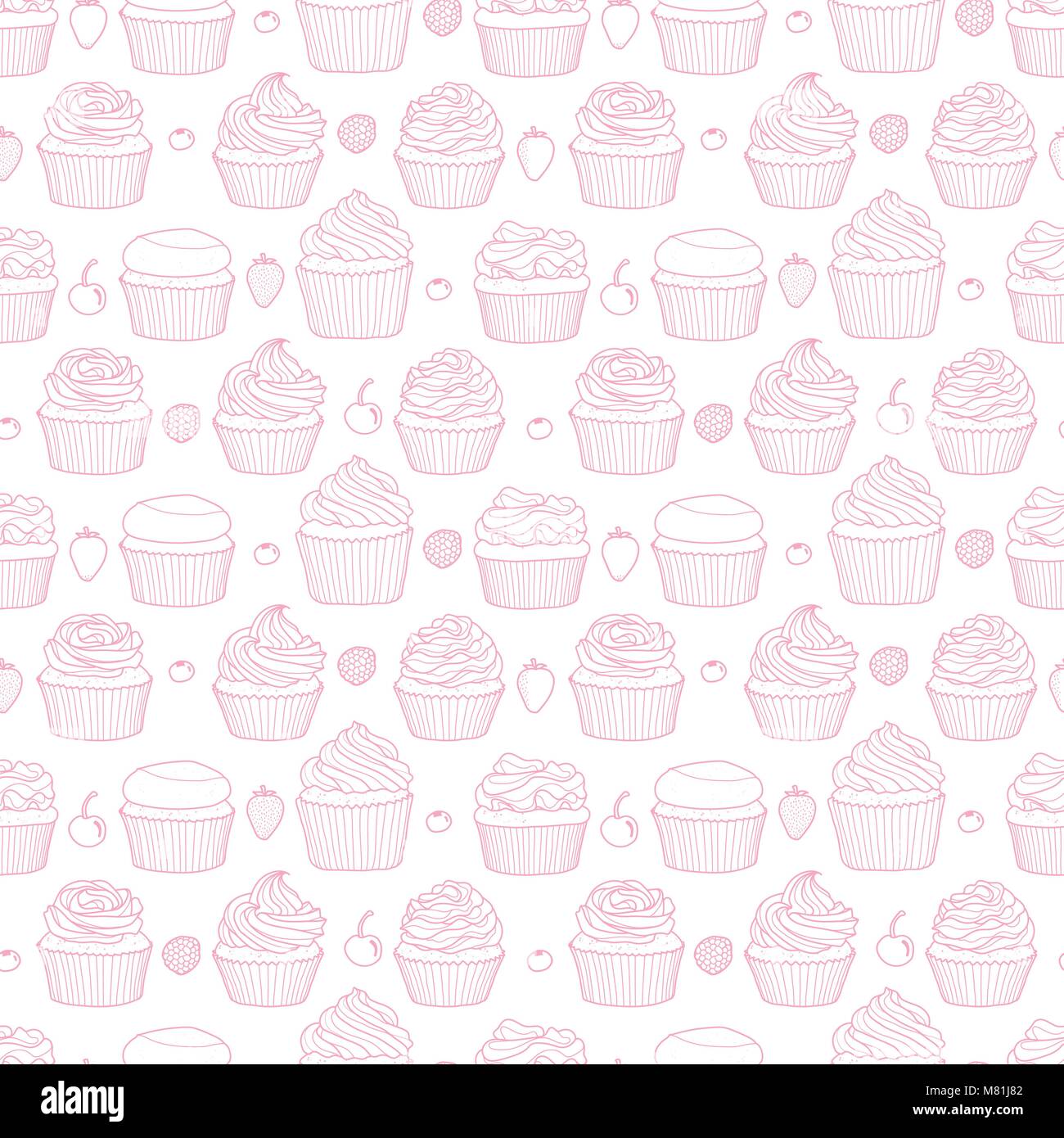 6 styles of cupcake and fruits random on white background. Cute hand drawn seamless pattern of dessert in pastel pink outline. Stock Vector