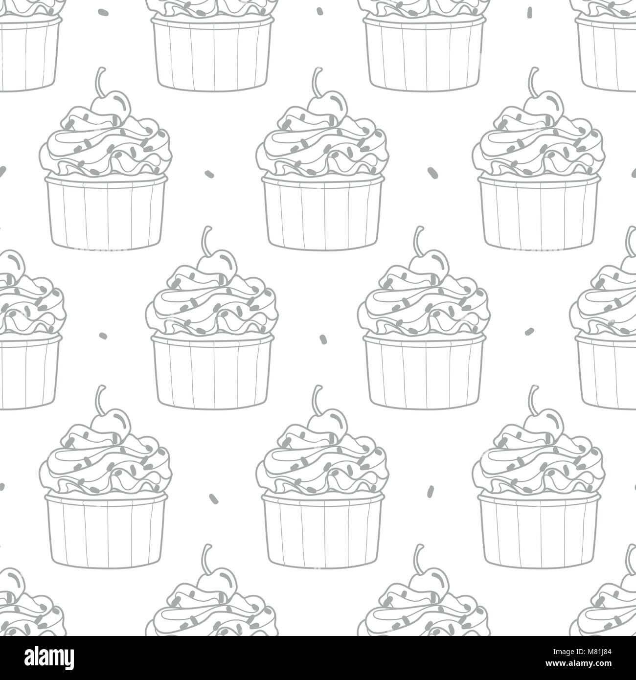 Cupcakes and dots random on white background. Cute hand drawn seamless pattern of dessert in light gray outline. Stock Vector