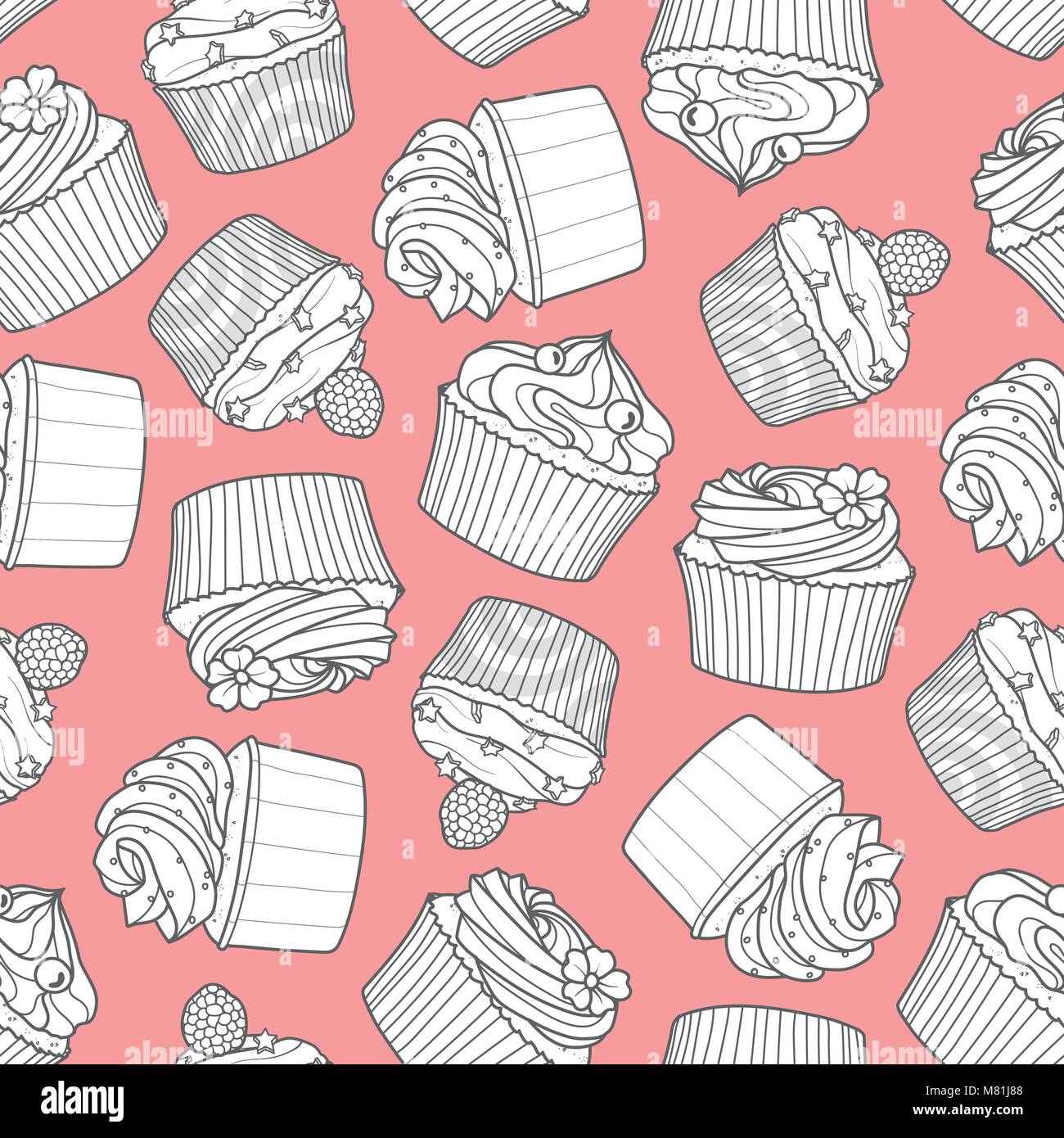 4 styles of cupcake random on pink background. Cute hand drawn seamless pattern of dessert in gray outline and white plane. Stock Vector