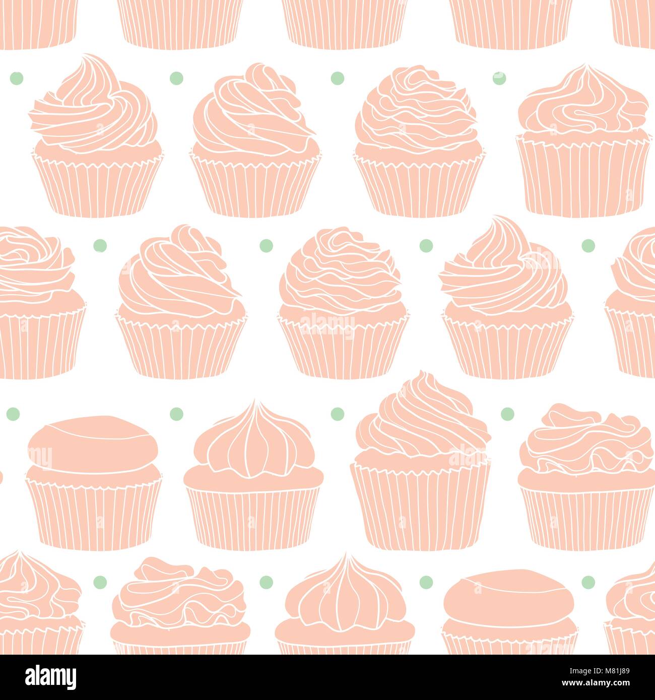 8 styles of cupcake on white background. Cute hand drawn seamless pattern of dessert in pastel pink silhouette and green dot. Stock Vector