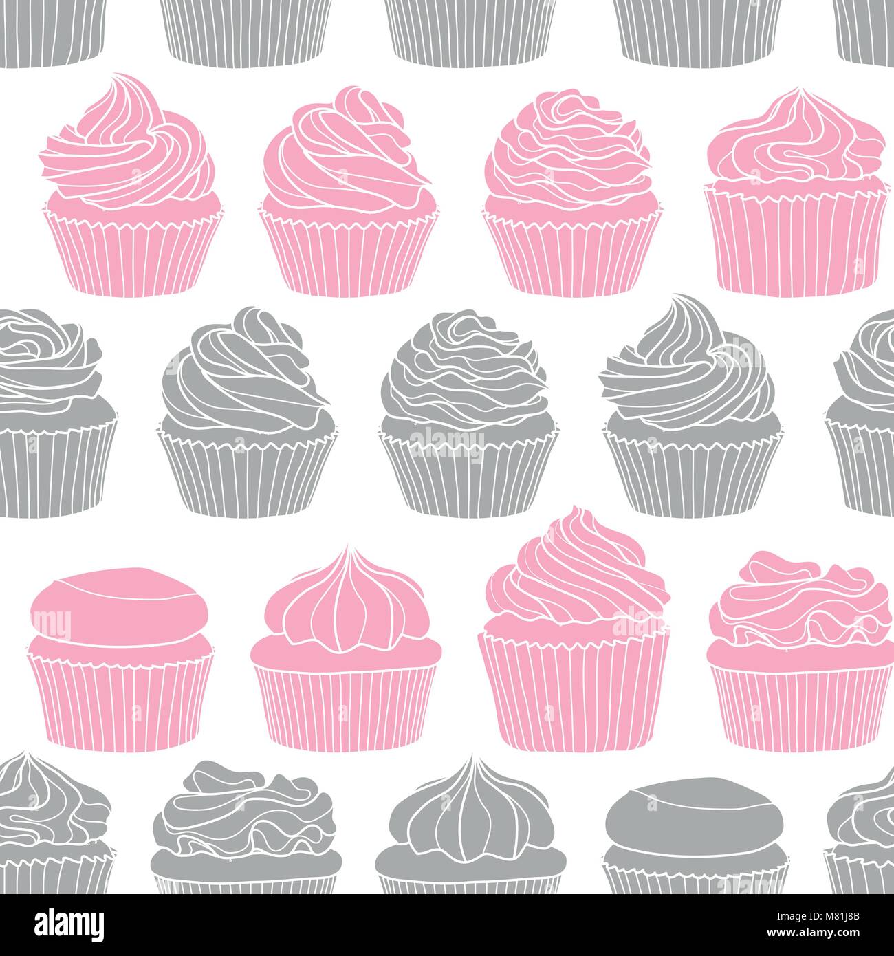 8 styles of cupcake on white background. Cute hand drawn seamless pattern of dessert in pastel pink and gray silhouette. Stock Vector