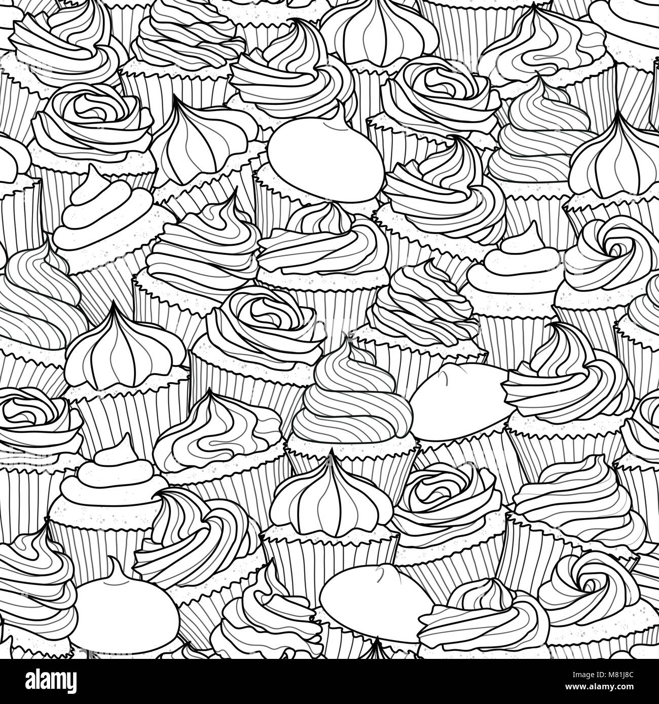 Various cupcakes random on white background. Cute hand drawn seamless pattern of dessert in black outline style. Stock Vector