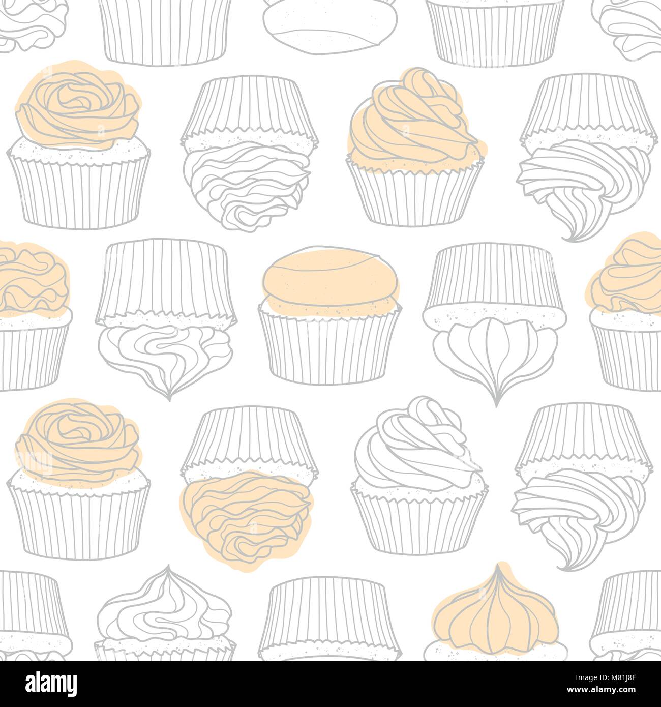 8 styles of cupcake random on white background. Cute hand drawn seamless pattern of dessert in gray outline and pastel pink plane. Stock Vector