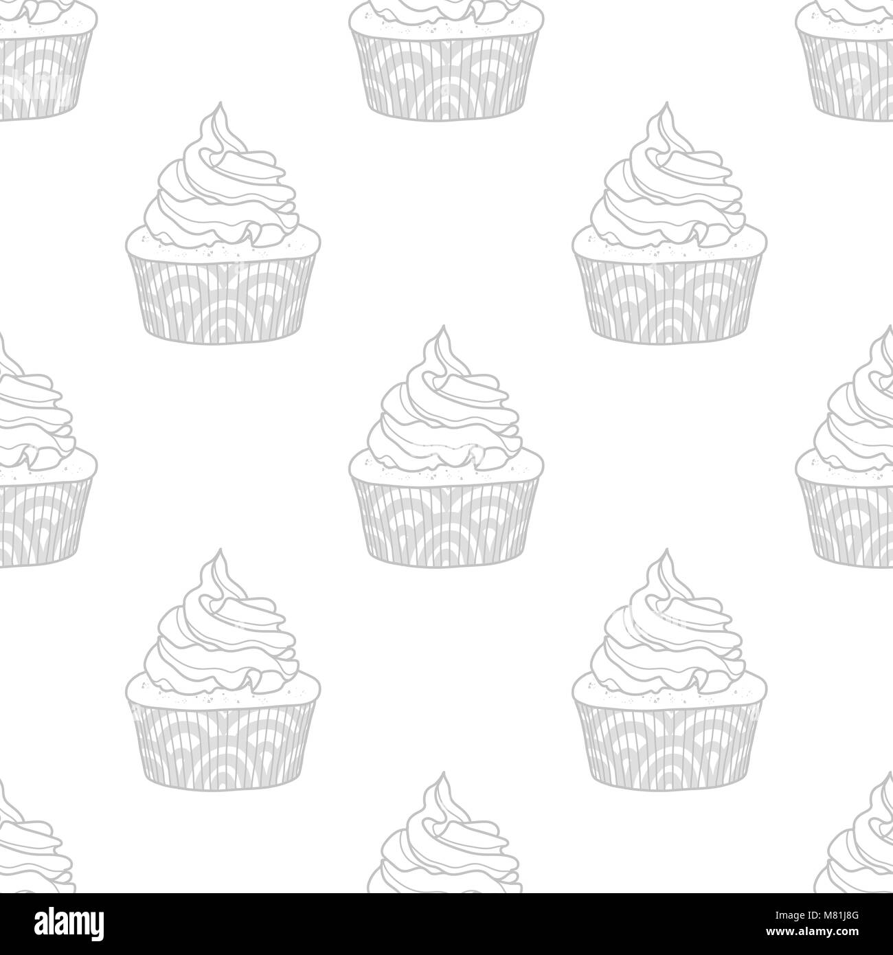 Light gray cupcakes random on white background. Cute hand drawn seamless pattern design of dessert in rpastel outline. Stock Vector