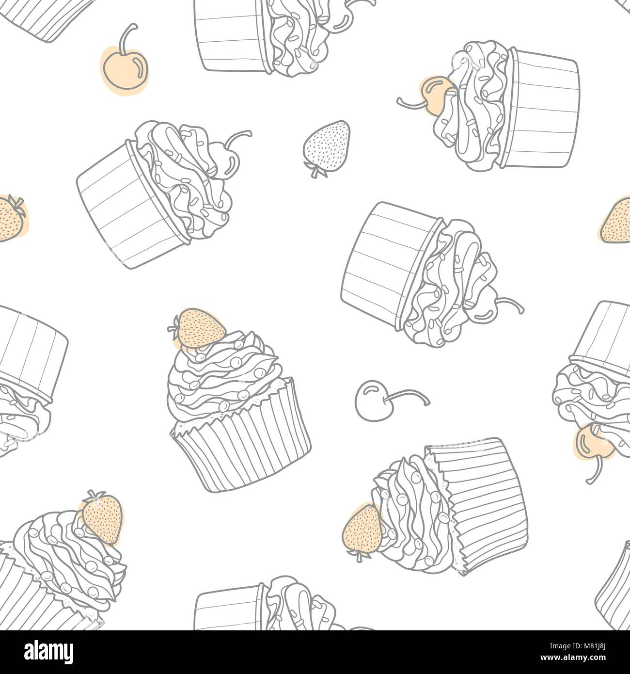 2 styles of cupcake random on white background with cherry and strawberry. Cute hand drawn seamless pattern of dessert in gray outline and pastel pink Stock Vector