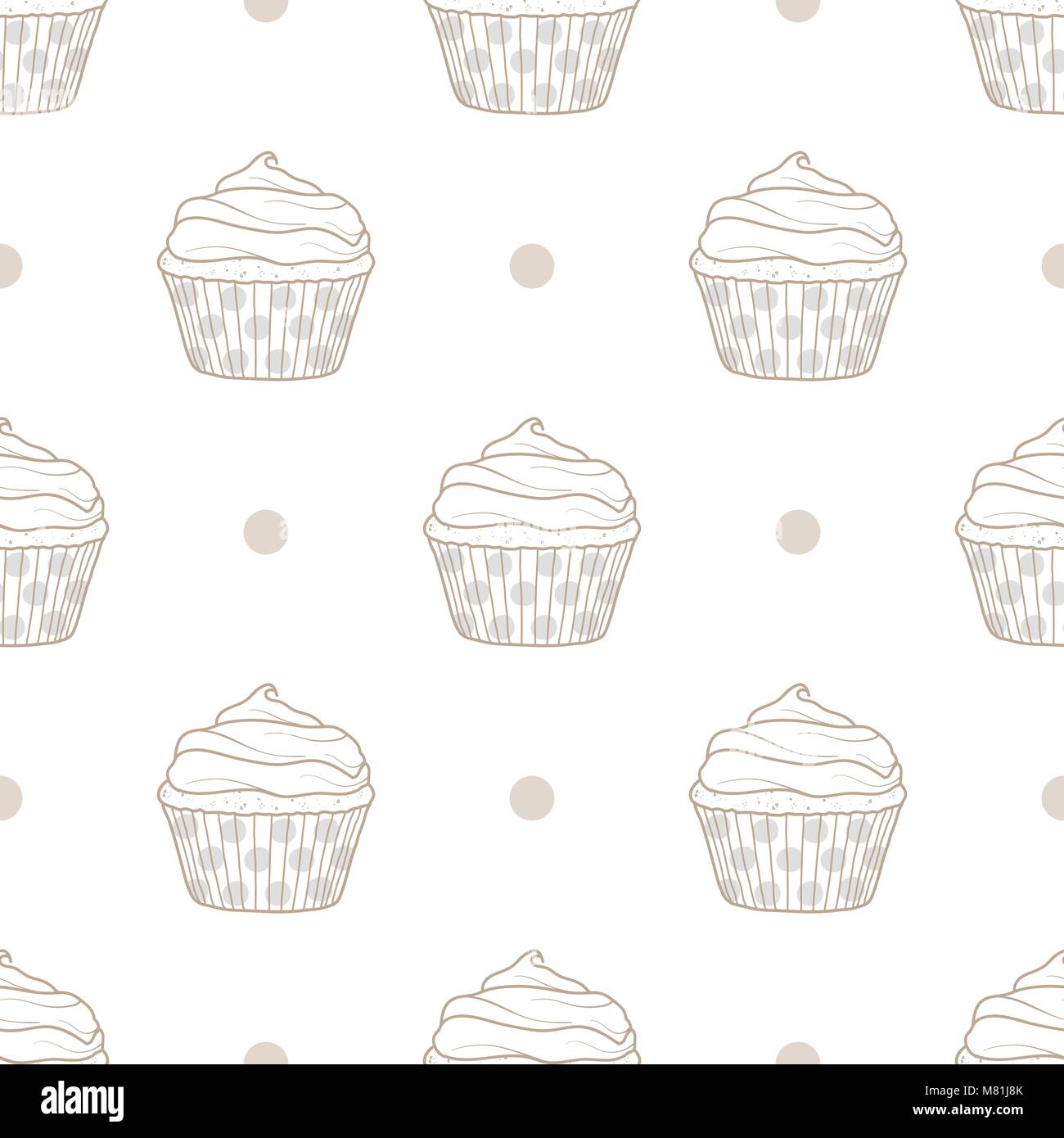Cupcakes and dots random on white background. Cute hand drawn seamless pattern of dessert in pastel brown outline style. Stock Vector