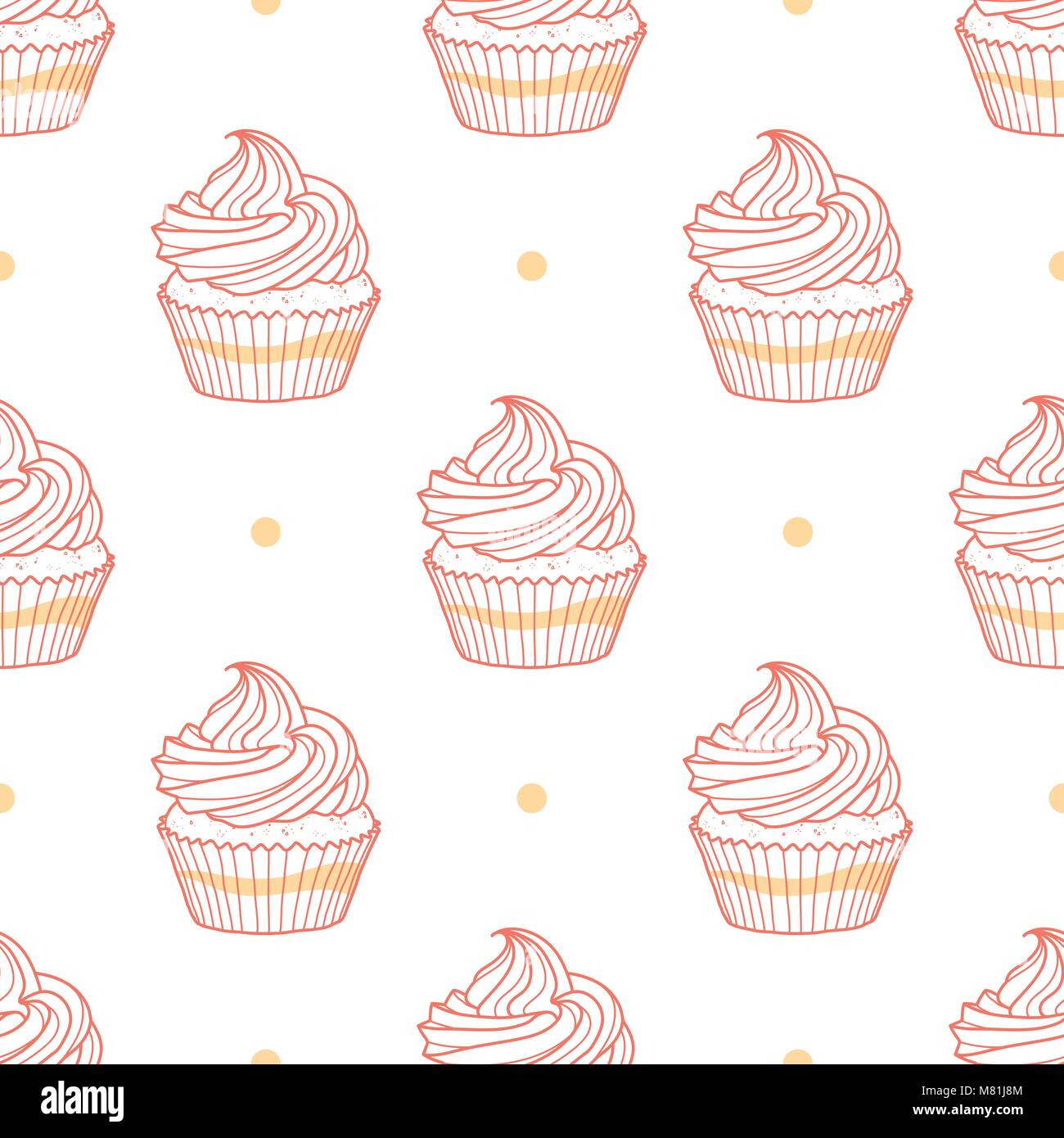 Cupcakes and dots random on white background. Cute hand drawn seamless pattern of dessert in red and pink outline style. Stock Vector