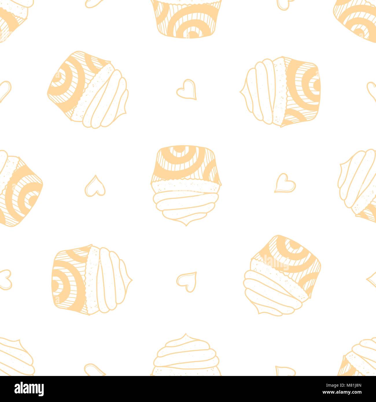 Cupcakes and hearts random on white background. Cute hand drawn seamless pattern of dessert in pastel pink outline style. Stock Vector