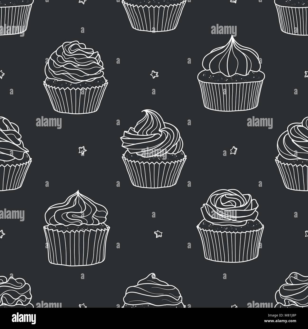 8 styles of cupcakes and star random on gray background. Cute hand drawn seamless pattern of dessert in white outline style. Stock Vector