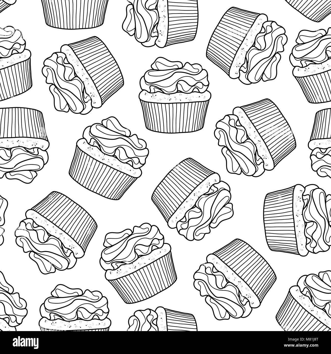 Cupcakes random on white background. Cute hand drawn seamless pattern of dessert in black outline style. Stock Vector