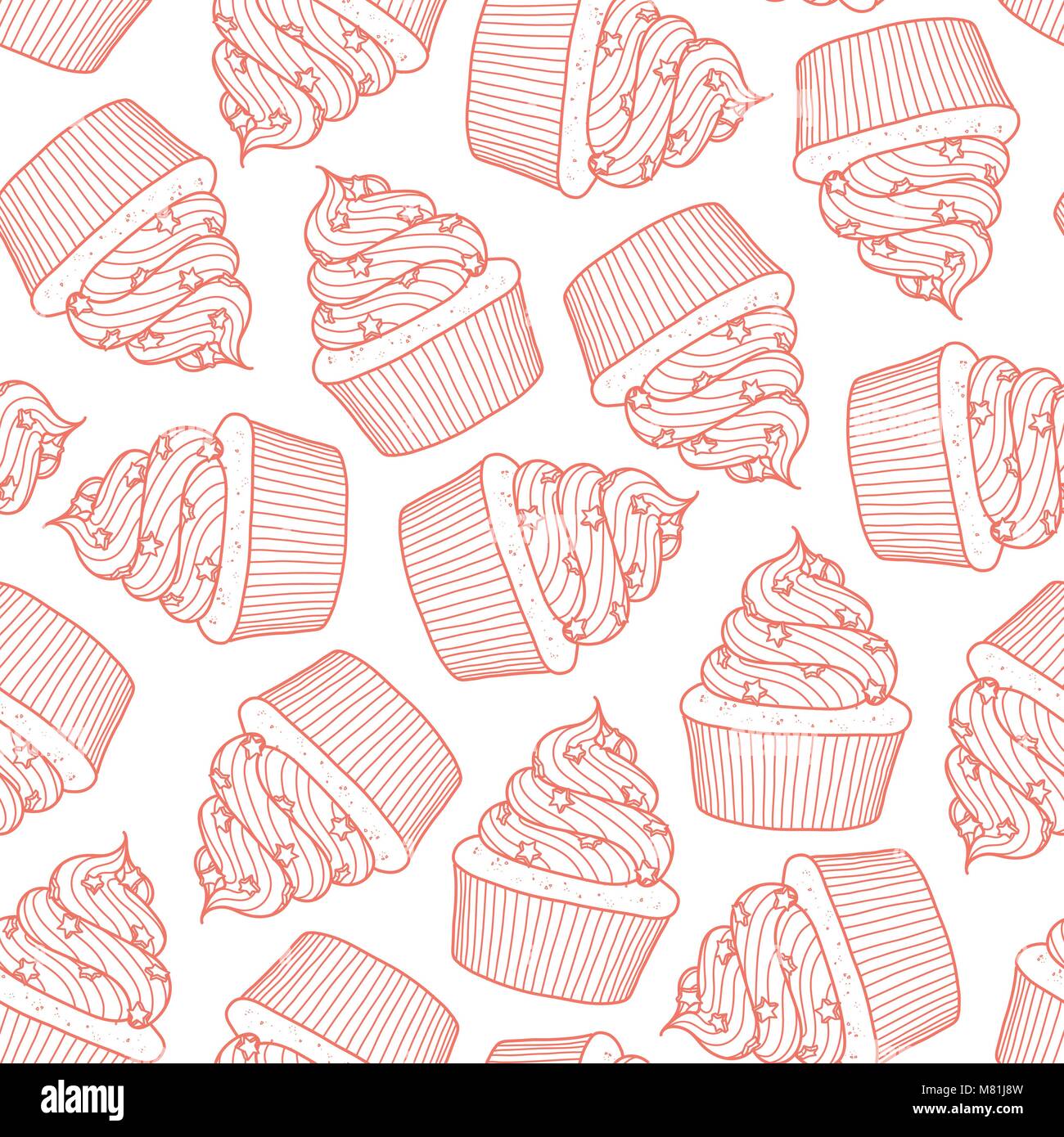Cupcakes random on white background. Cute hand drawn seamless pattern of dessert in red outline style. Stock Vector