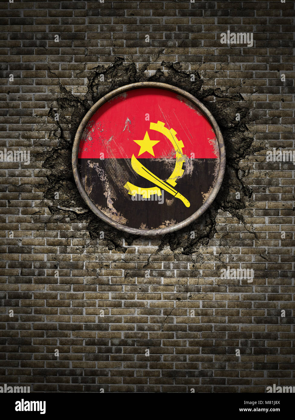 3d rendering of an Angola flag over a rusty metallic plate embedded on ...