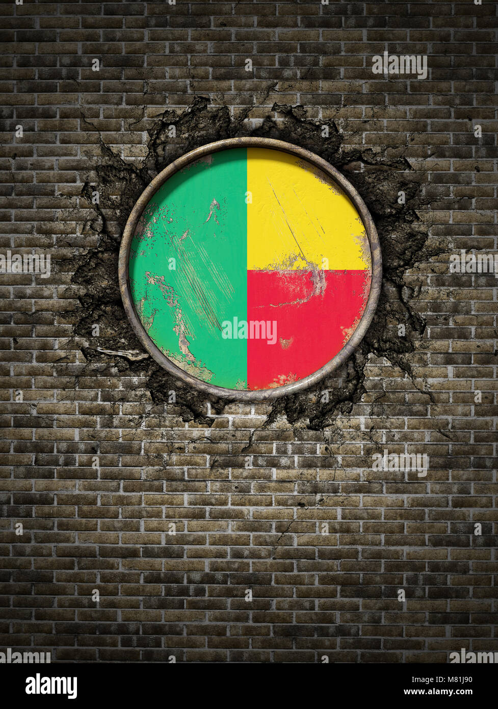 3d rendering of a Benin flag over a rusty metallic plate embedded on an ...