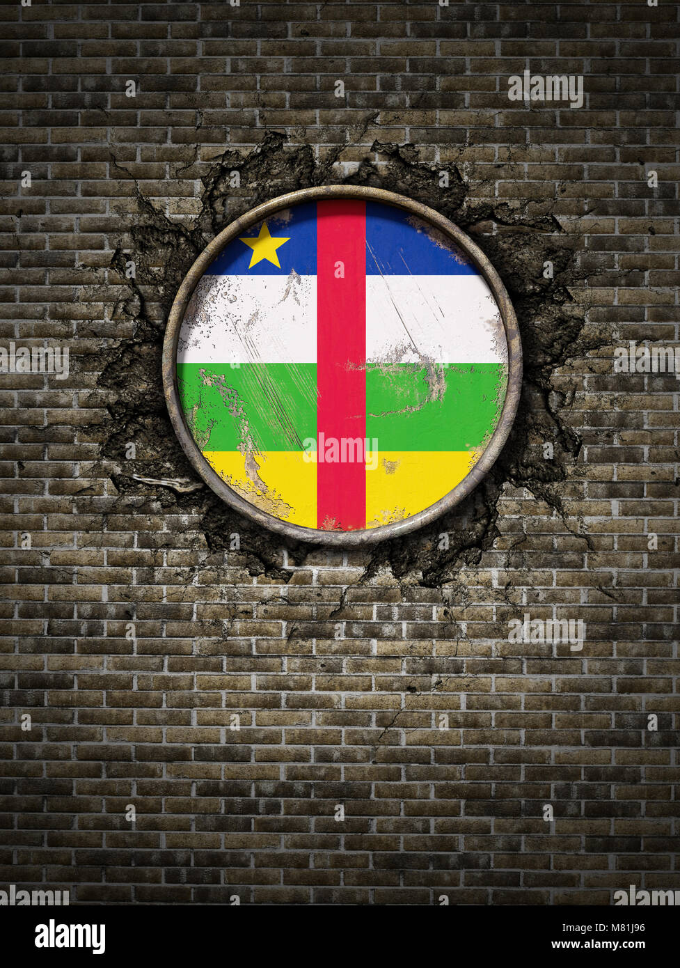3d rendering of a Central African Republic flag over a rusty metallic ...