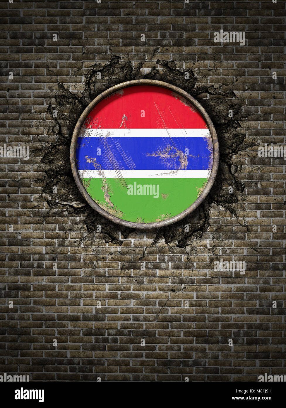 3d rendering of a Gambia flag over a rusty metallic plate embedded on ...