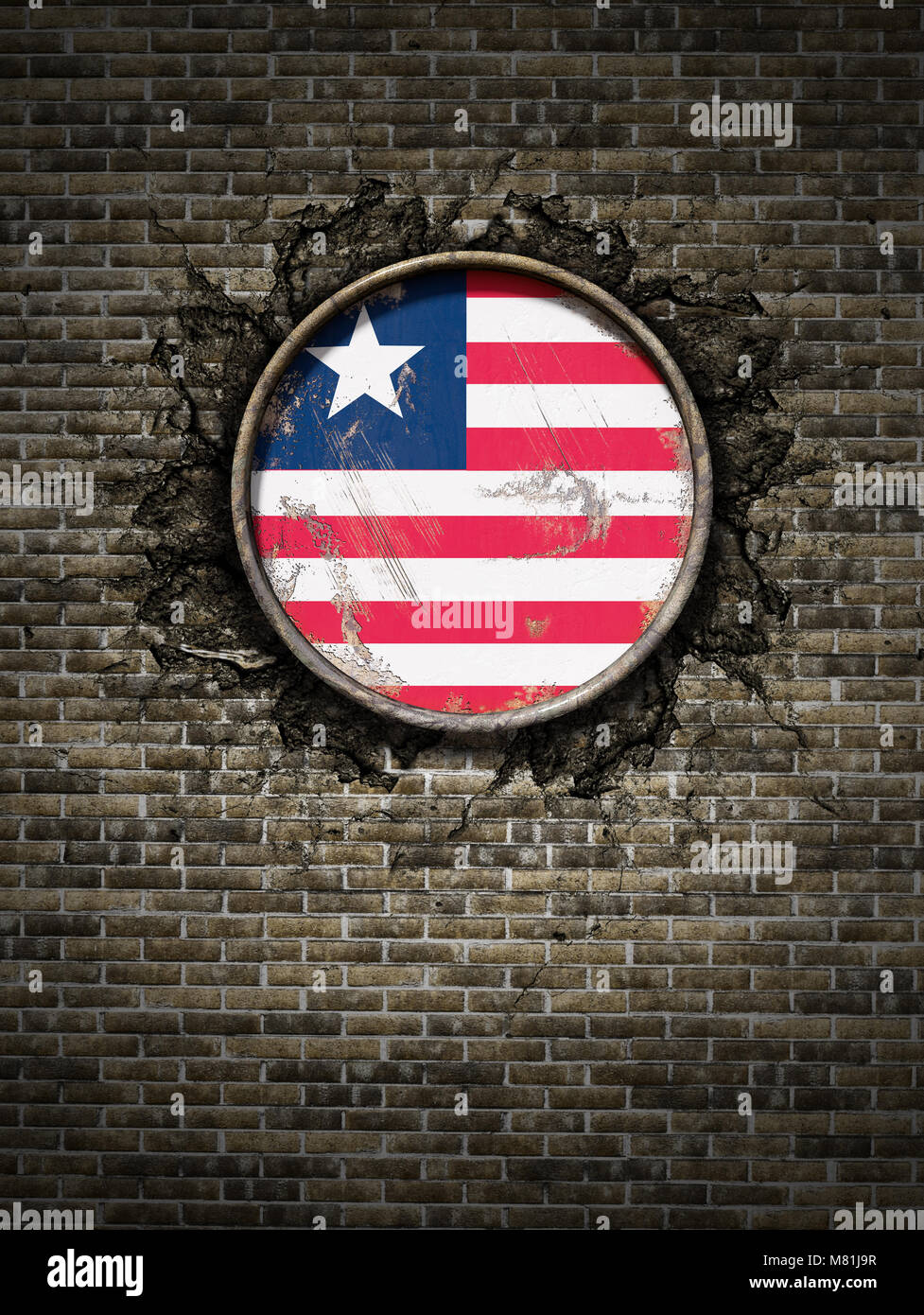 3d rendering of a Liberia flag over a rusty metallic plate embedded on ...