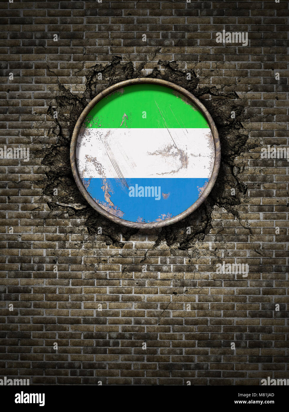 3d rendering of a Republic of Sierra Leone flag over a rusty metallic ...