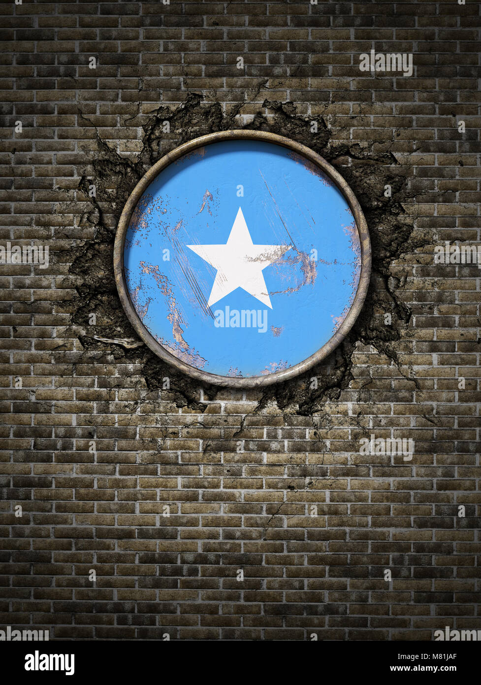 3d rendering of a Somalia flag over a rusty metallic plate embedded on ...