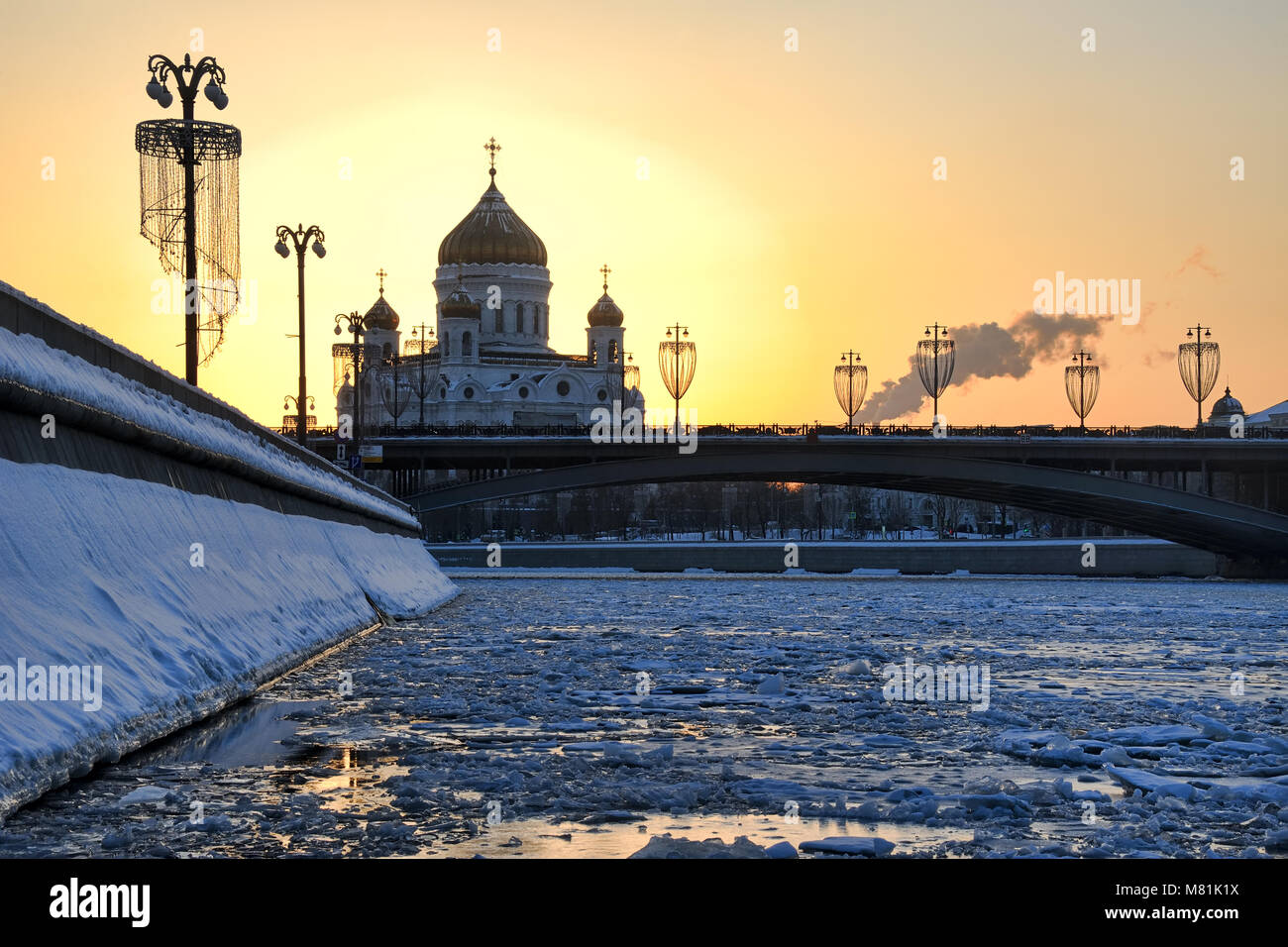 Winter Sunset Behind Christ the Savior Cathedral Stock Photo