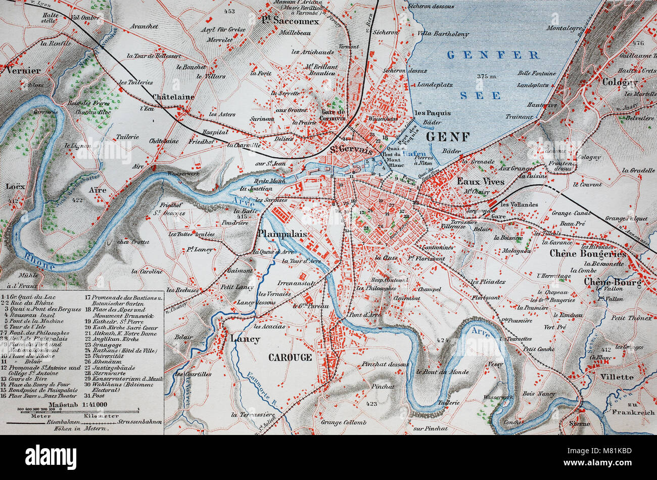 city map from the year 1892: Genf, Switzerland, digital improved reproduction of an original print from the year 1895 Stock Photo
