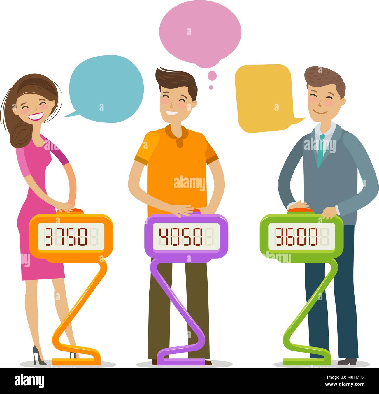 Quiz show, answer question. Players stand and press button. Cartoon vector illustration Stock Vector