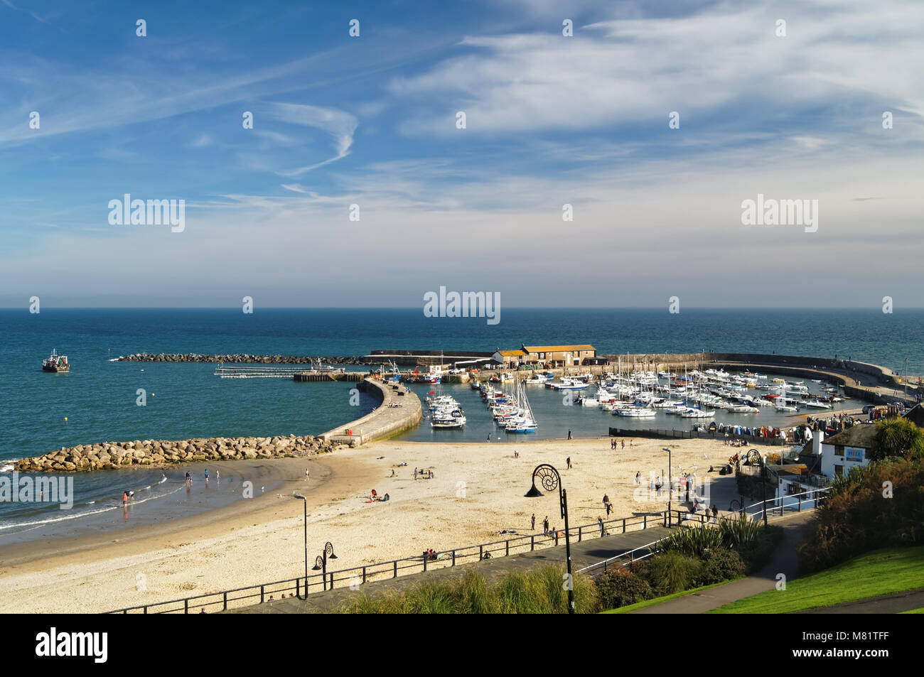 UK,Dorset,Lyme Regis,View across Lyme Bay,Harbour and The Cobb from