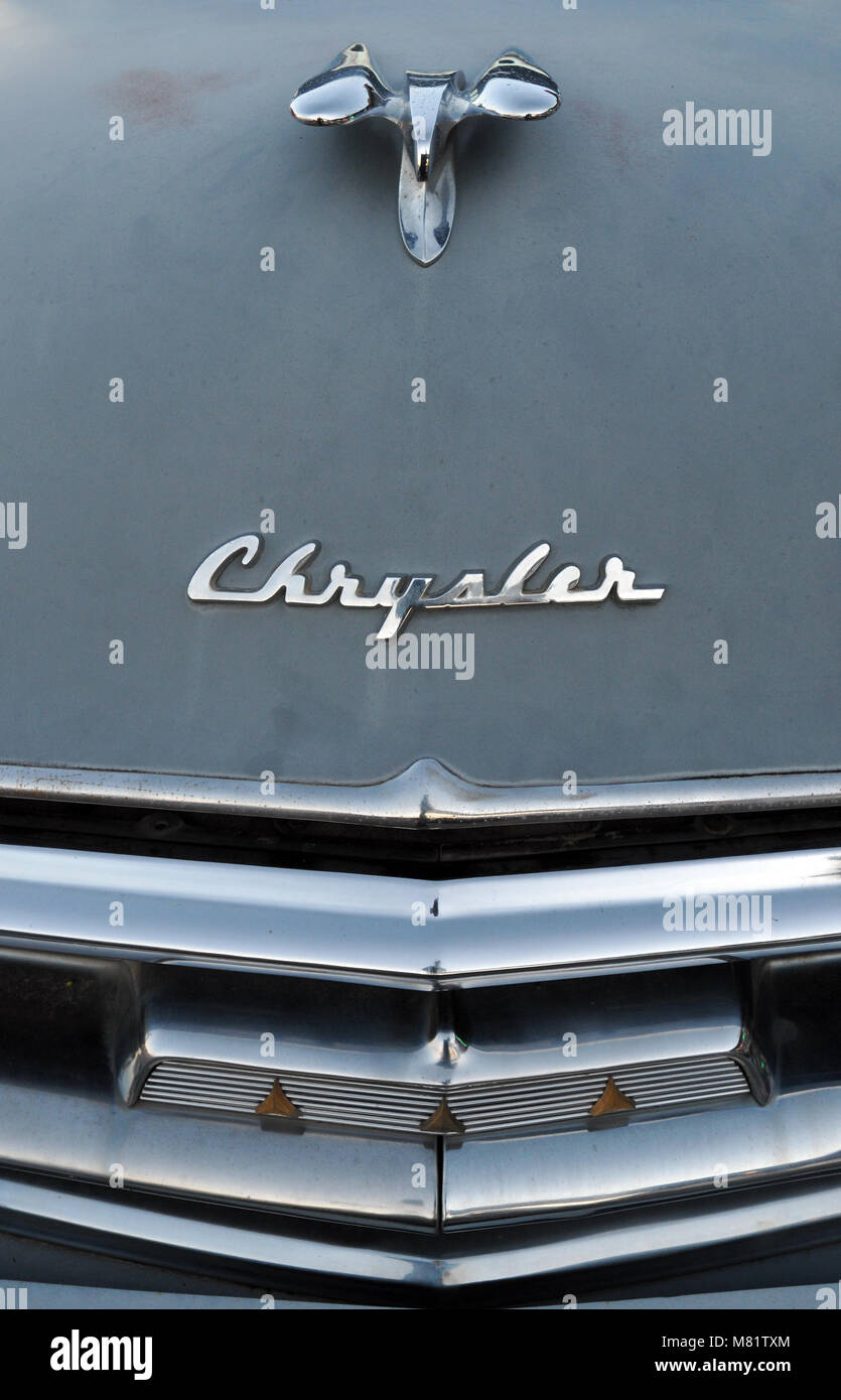 Detail of the hood, grille and ornament of a classic Chrysler automobile. Stock Photo