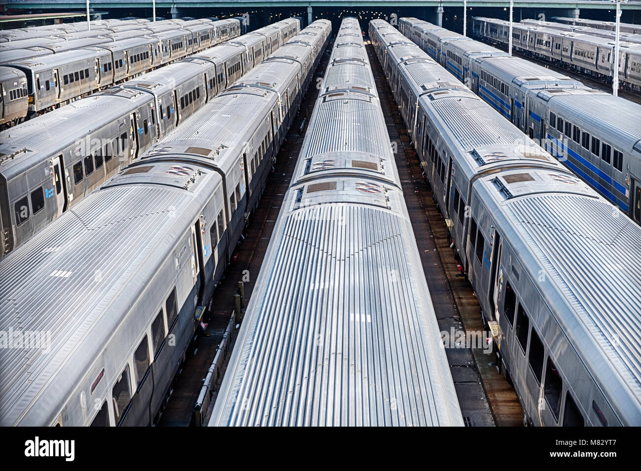 A set of New York City subway trains parked in Hudson Yards wait to be put into service. Stock Photo
