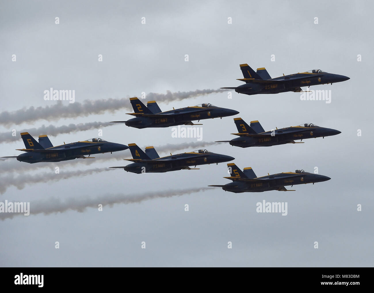 180310-N-ZC358-242  NAF EL CENTRO, Calif. (March 10, 2018) The Blue Angels Delta performs the Delta Flat Pass during the NAF El Centro 2018 Air Show. The Blue Angels are scheduled to perform more than 60 demonstrations at more than 30 locations across the U.S. in 2018. (U.S. Navy photo by Mass Communication Specialist 2nd Class Jess Gray/Released) Stock Photo