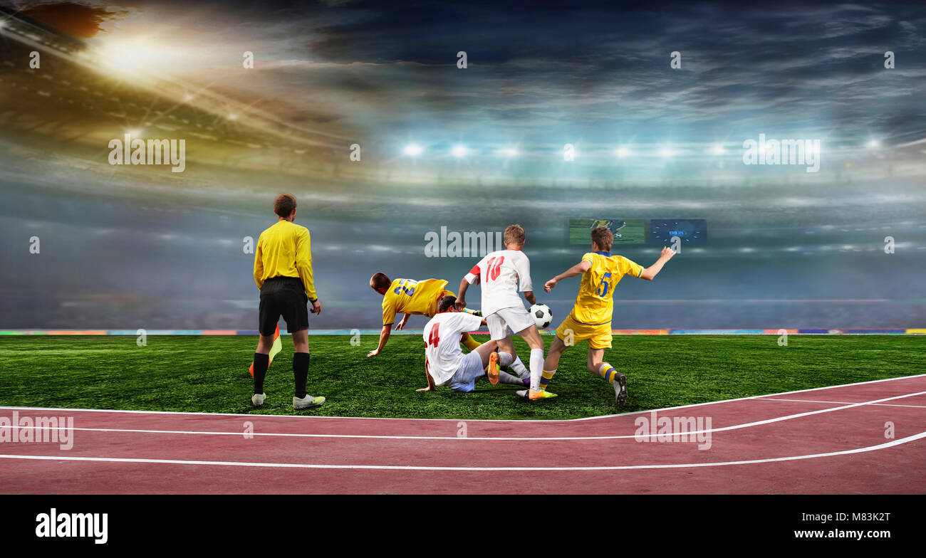 Soccer ball on the field of stadium with light Stock Photo