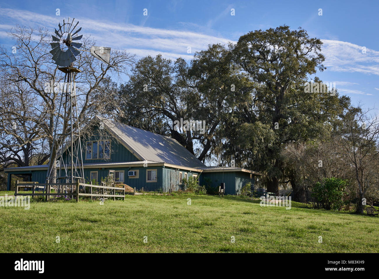 A small American steading with its associated Aermotor water pumping Windmill in Brazos Bend State Park, Texas. Stock Photo