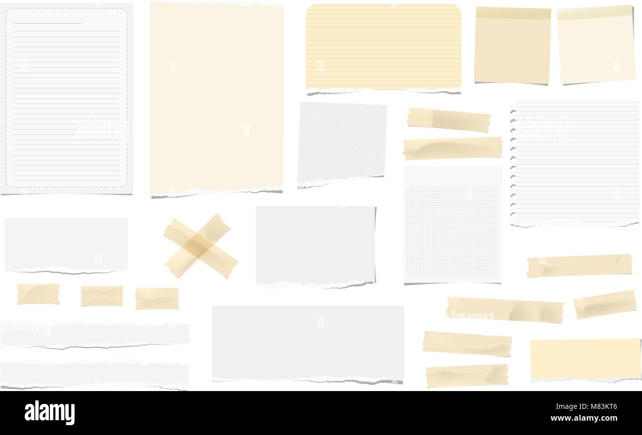 Brown adhesive, sticky, masking, duct tape pieces, white torn note ...