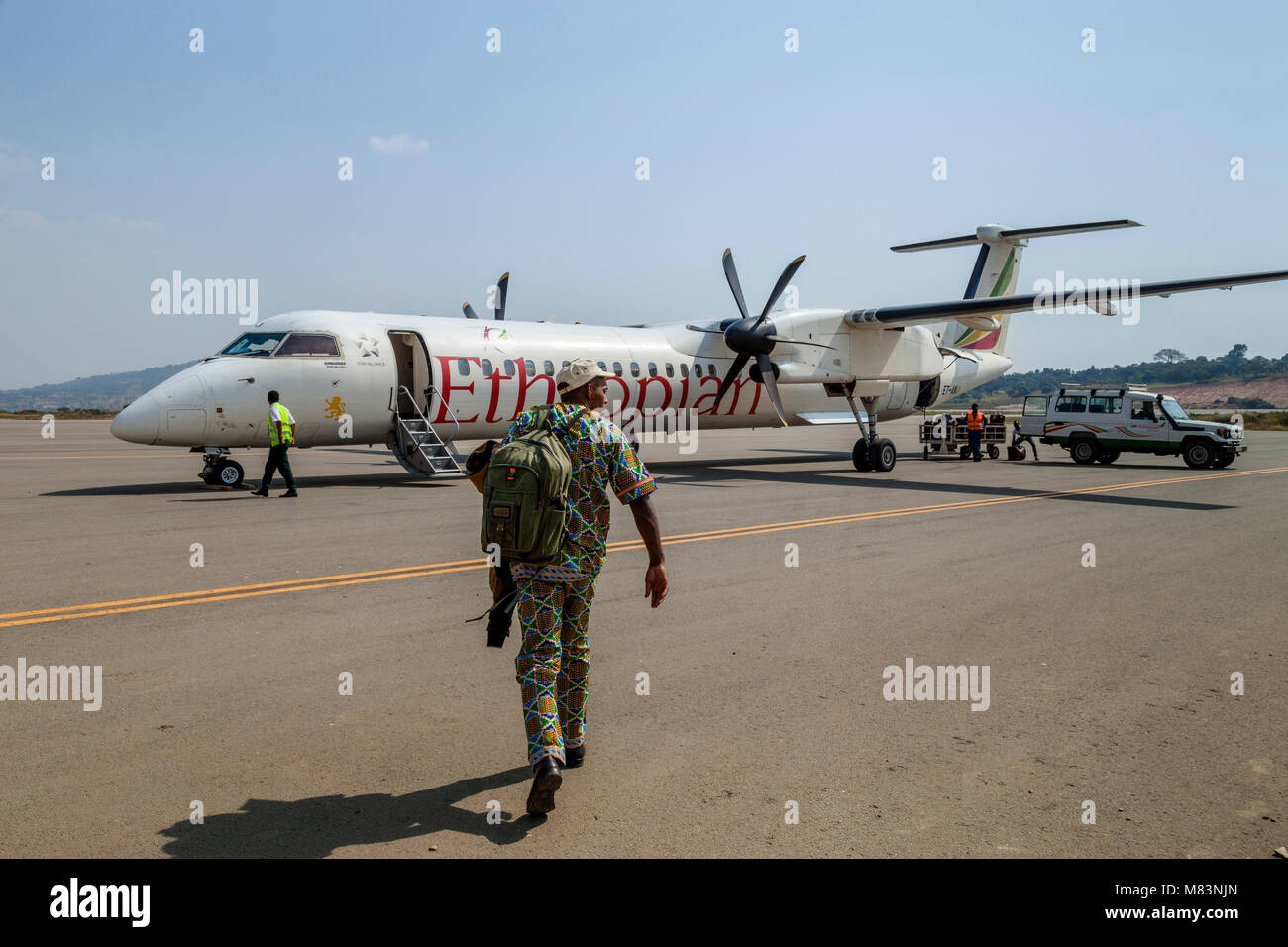 An Man Boarding An Ethiopian Airlines Flight At Jinka Airport, Omo Valley, Ethiopia Stock Photo