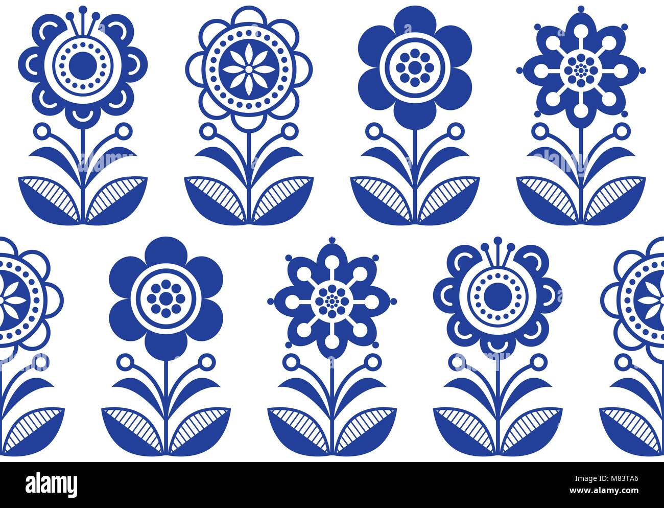 Folk art flowers, seamless vector floral pattern, Scandinavian navy blue repetitive design, Nordic ornament Stock Vector