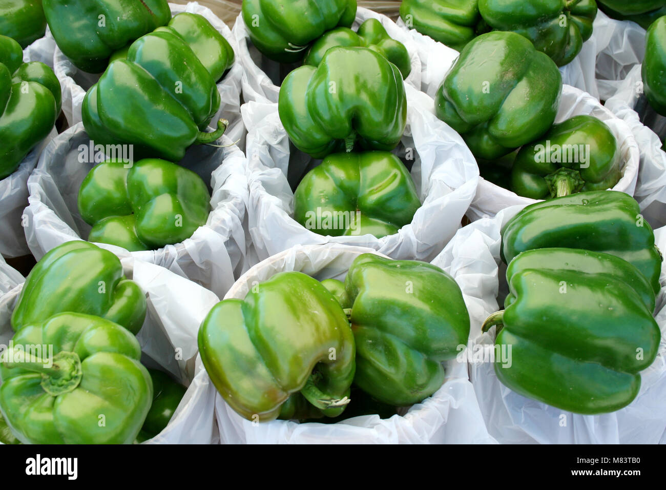 Bunches of Green Bell Peppers for sale at the market Stock Photo - Alamy