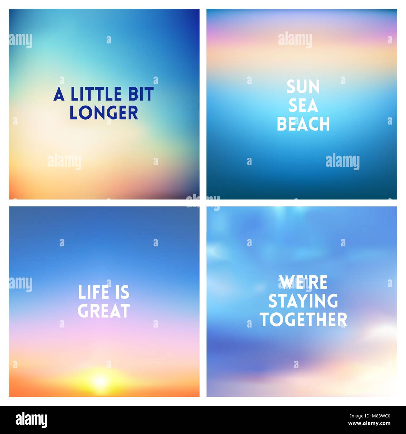 Abstract vector sunset blurred background set. Square blurred background - sky clouds colors With love quotes. Stock Vector