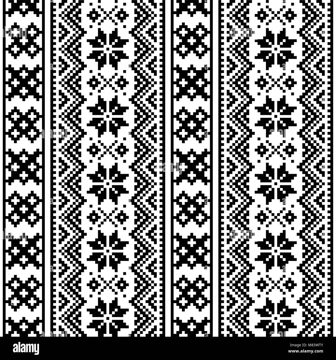 Lapland seamless vector pattern, Scandianvian folk art design, Sami cross stitch monochrome background Stock Vector