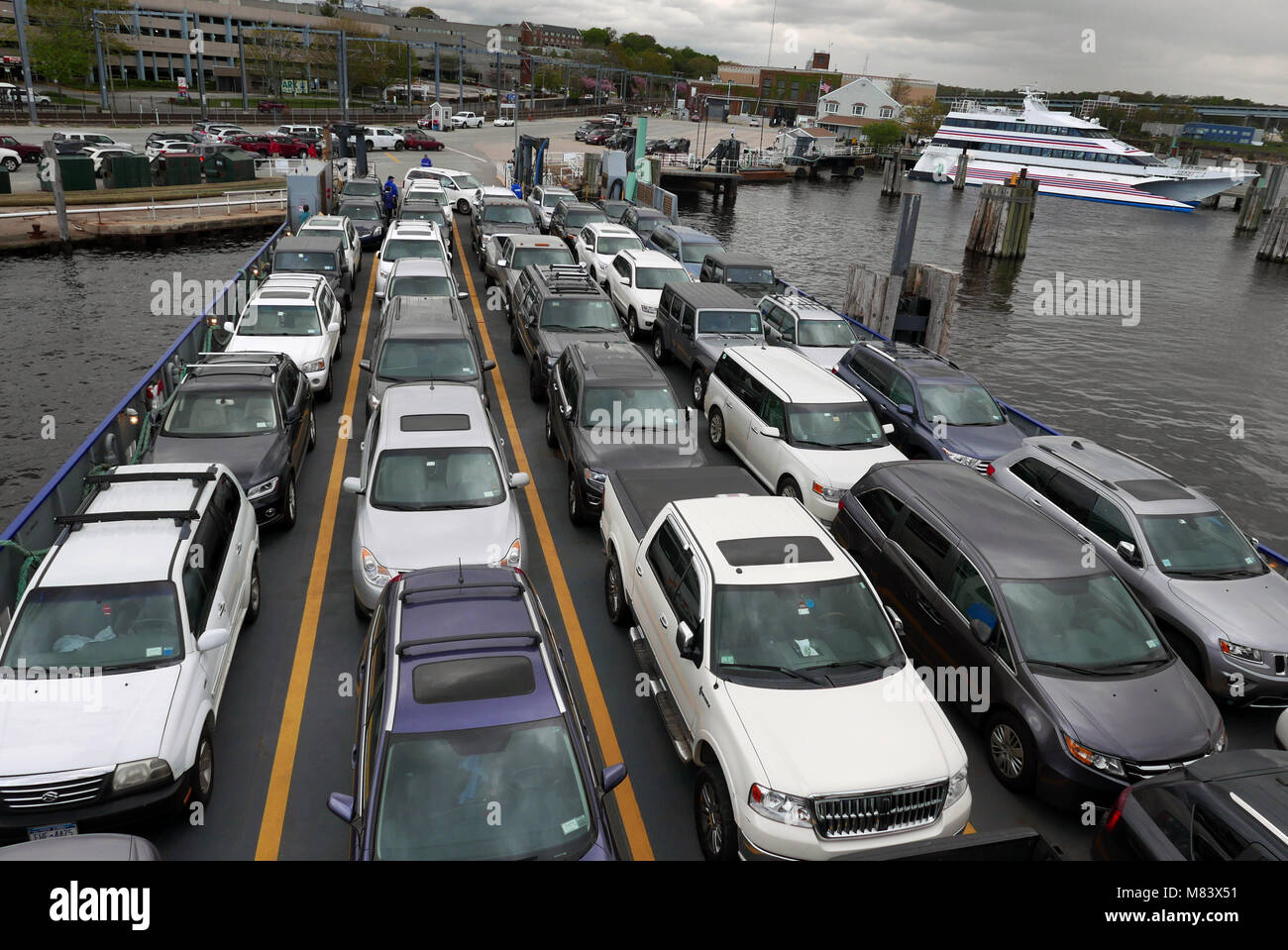 Cars on the ferry in New London  leaving for Orient Point Long Island USA Stock Photo