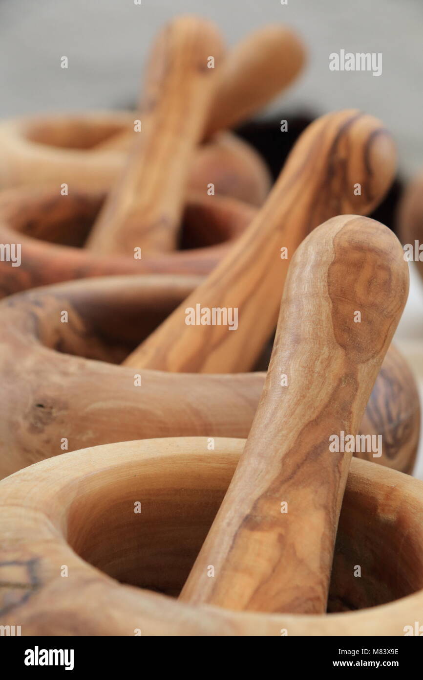 Traditional wood mortars Stock Photo Alamy