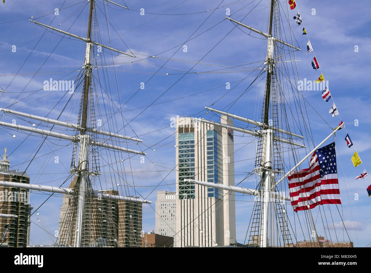 Masts of the ships at the South Street Seaport in Manhattan New York USA Stock Photo