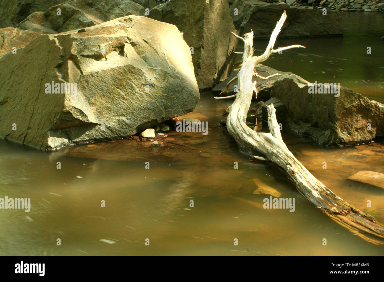 A Stream with boulder and log Stock Photo - Alamy