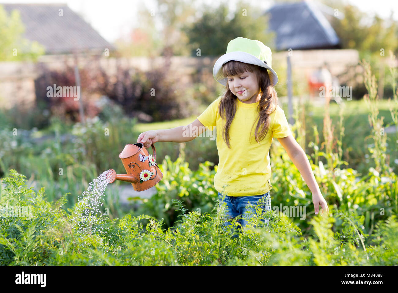 Child girl watering plants in a garden Stock Photo - Alamy