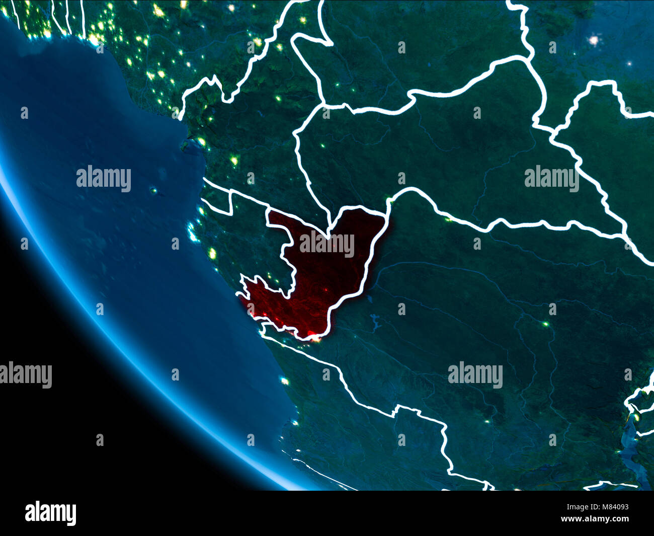 Map of Congo in red as seen from space on planet Earth at night with ...