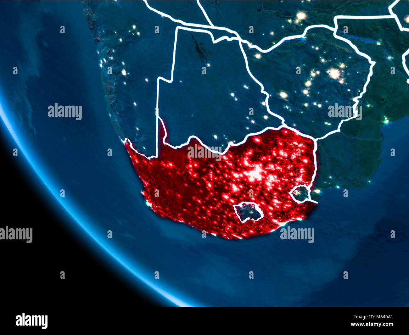 Map of South Africa in red as seen from space on planet Earth at night ...